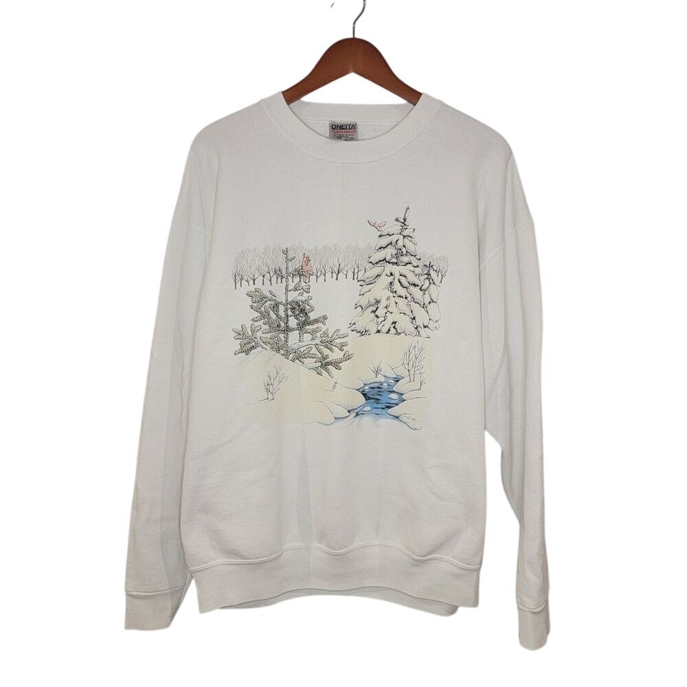 VTG Oneita Winter Pullover Crewneck Sweatshirt Size XL Extra Large‎ White